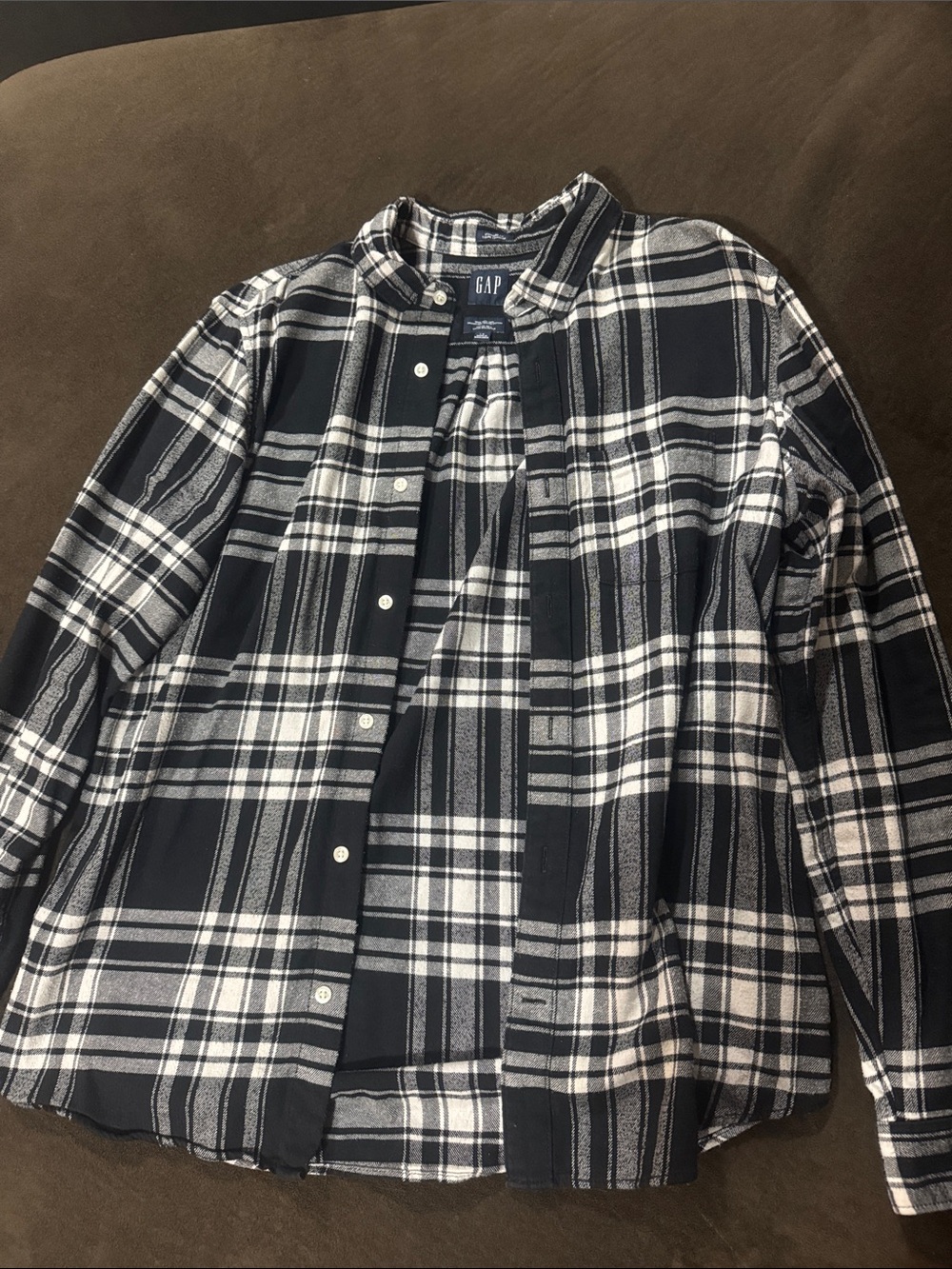 GAP Navy and White Plaid Band-Collar Shirt